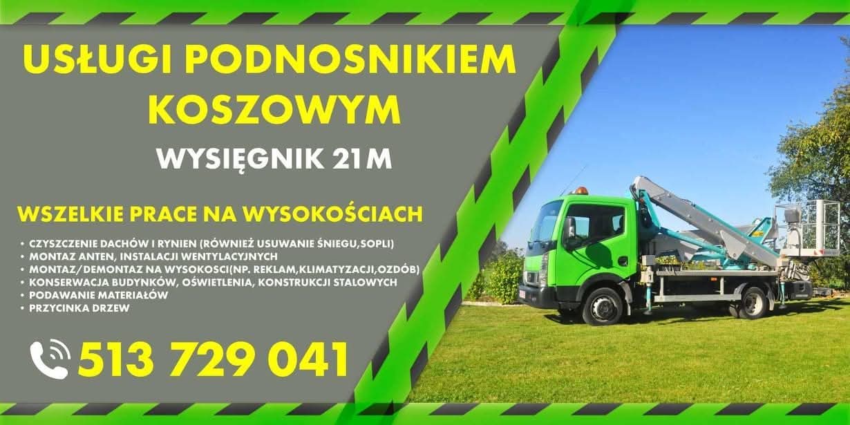 podnośnik koszowy płock, podnośnik płock, usługi podnośnikiem koszowym, montaż oświetlenia, prace na halach i obiektach przemysłowych, odśnieżanie dachów, wycinka i pielęgnacja drzew