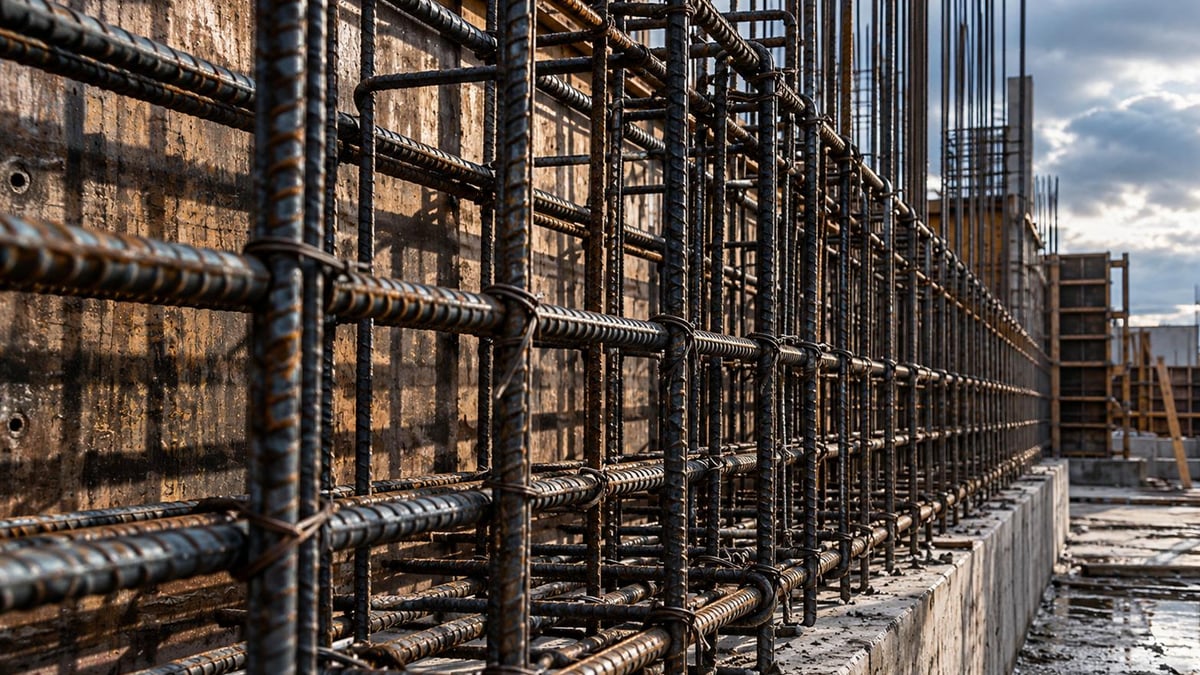 Żelbetowe konstrukcje fundamentowe schronu przydomowego przed zalaniem betonem.