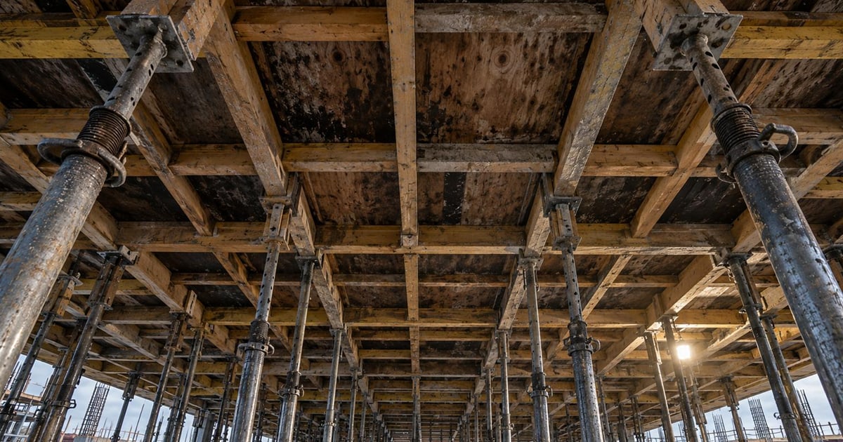 Szalunki do budowy podziemnego schronu, widok na drewniane konstrukcje wzmacniające beton przyszłego schowu